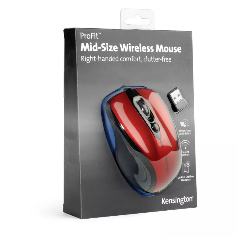 Belaidė pelė Kensington Pro Fit Wireless Mouse Mid Size, RF 2.4 GHz, raudona