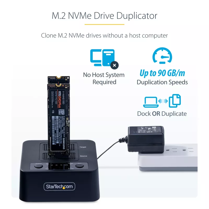 „StarTech.com“ M.2 NVMe diskų kopijavimo įrenginys 1:1, nepriklausomas M.2 SSD klonavimo įrenginys iki 90 GB/min, USB 3.2 20 Gbps M.2 dviejų lizdų dokas, su USB-C / A laidais