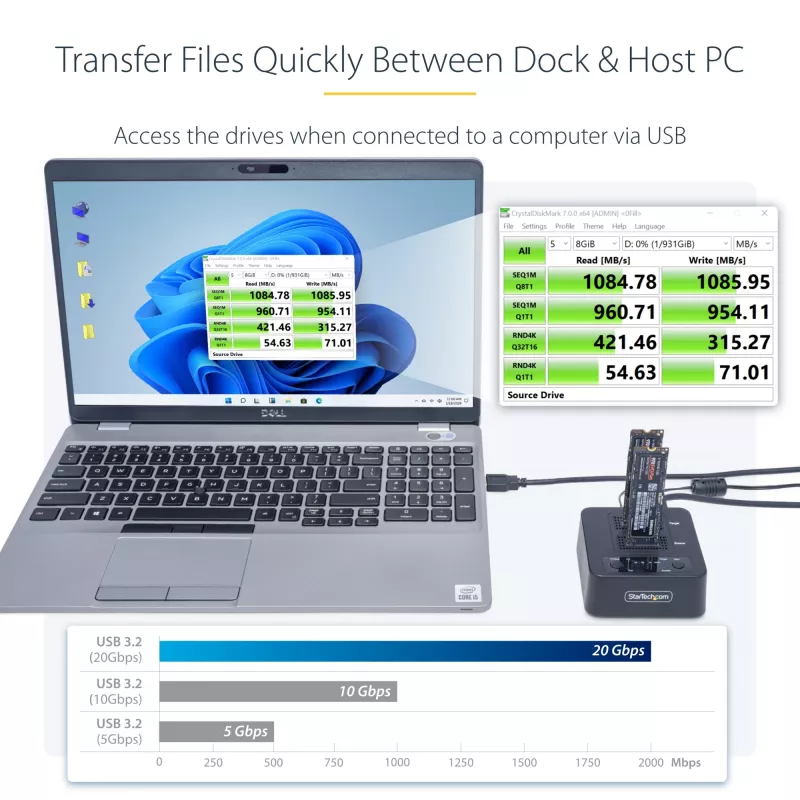 „StarTech.com“ M.2 NVMe diskų kopijavimo įrenginys 1:1, nepriklausomas M.2 SSD klonavimo įrenginys iki 90 GB/min, USB 3.2 20 Gbps M.2 dviejų lizdų dokas, su USB-C / A laidais
