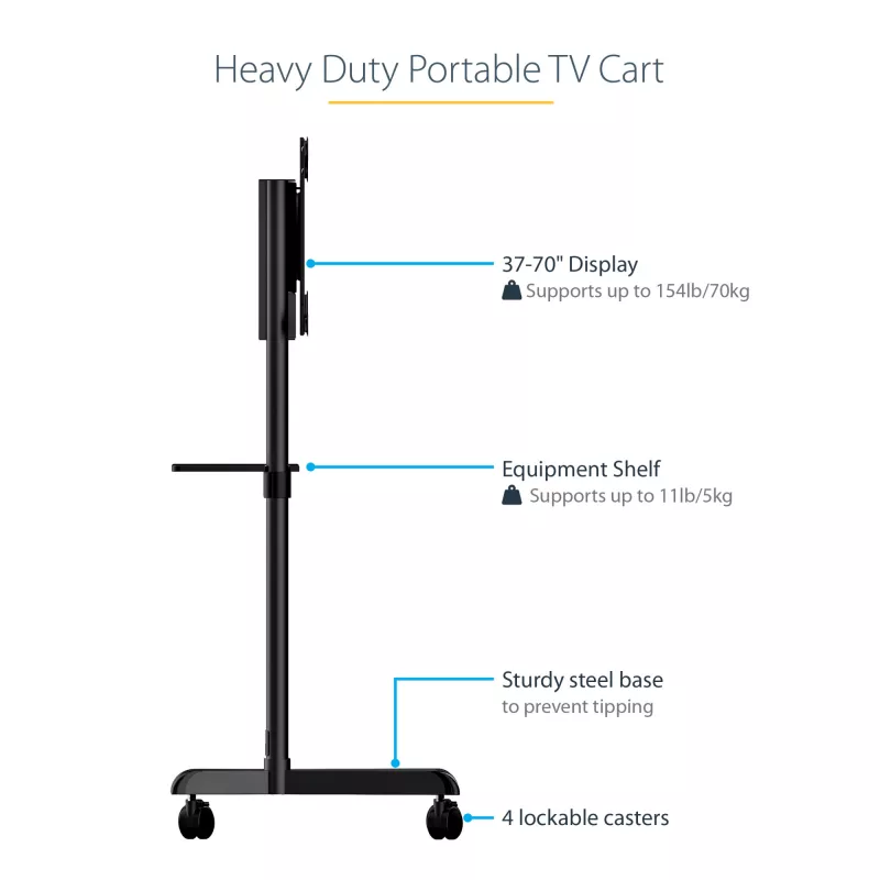 StarTech.com Mobilus televizoriaus stovas ant ratukų 37-70 colių VESA ekranams (70 kg) – TV stovas su lentyna ir saugojimo skyriumi – Sukamas/pakreipiamas ekranas – Universalus TV laikiklis ant ratų