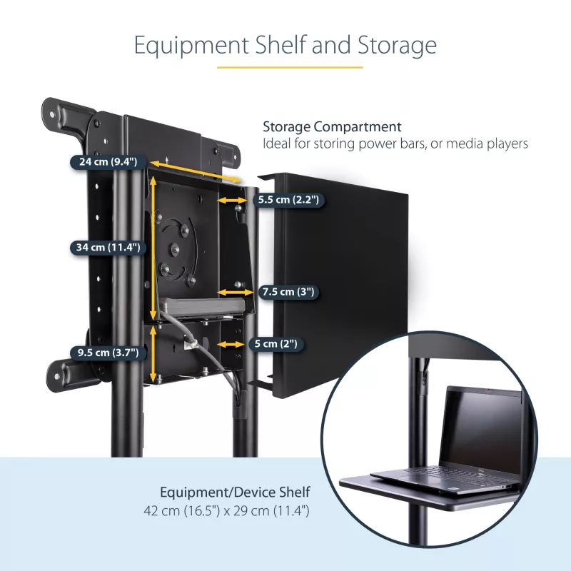 StarTech.com Mobilus televizoriaus stovas ant ratukų 37-70 colių VESA ekranams (70 kg) – TV stovas su lentyna ir saugojimo skyriumi – Sukamas/pakreipiamas ekranas – Universalus TV laikiklis ant ratų