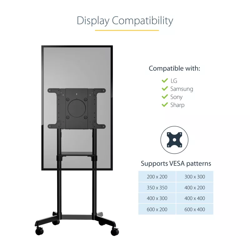 StarTech.com Mobilus televizoriaus stovas ant ratukų 37-70 colių VESA ekranams (70 kg) – TV stovas su lentyna ir saugojimo skyriumi – Sukamas/pakreipiamas ekranas – Universalus TV laikiklis ant ratų
