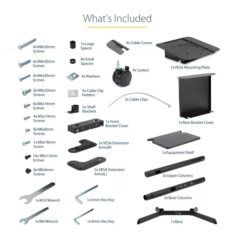 StarTech.com Mobilus televizoriaus stovas ant ratukų 37-70 colių VESA ekranams (70 kg) – TV stovas su lentyna ir saugojimo skyriumi – Sukamas/pakreipiamas ekranas – Universalus TV laikiklis ant ratų