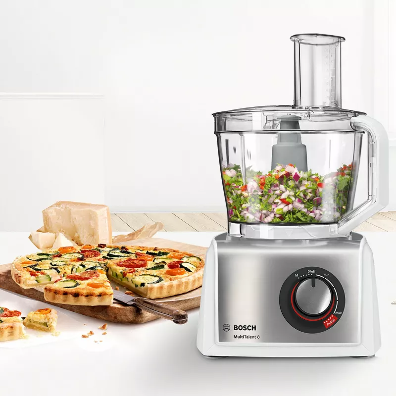 Virtuvinis kombainas Bosch MC812S814, 1250 W, 3,9 L dubuo, nerūdijantis plienas/baltas, kintamas greitis, sukimo valdiklis