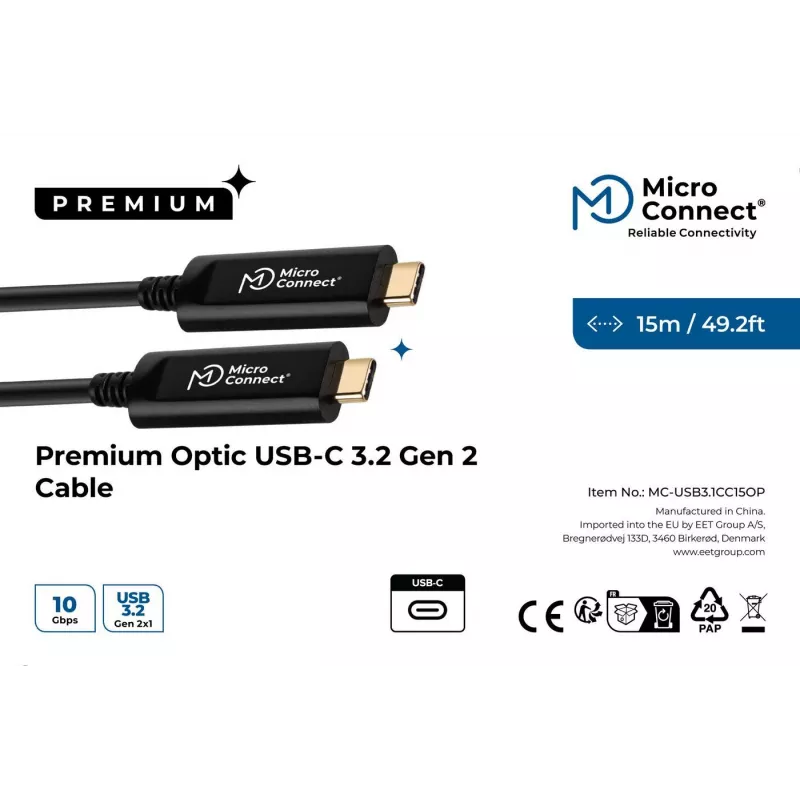 Microconnect MC-USB3.1C15OP USB-C laidas USB 3.2 Gen 2 15 m juodas