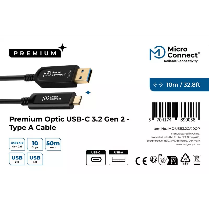 Microconnect MC-USB3.2CA10OP aktyvus optinis USB laidas USB 3.2 Gen 2 10 m USB A USB C juodas