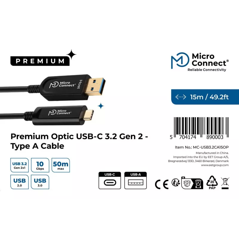 MicroConnect MC-USB3.2CA15OP Premium Optic USB 3.2 kabelis, USB-A į USB-C, 15 m