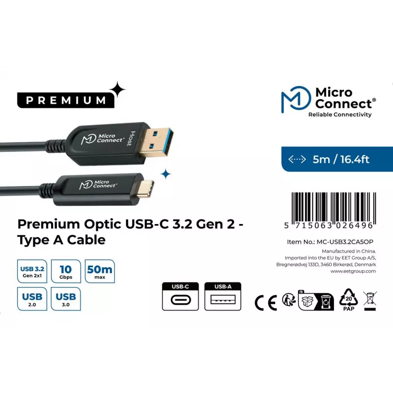 Microconnect MC-USB3.2CA5OP USB 3.2 Gen 2 aktyvus optinis laidas 5 m USB A / USB C juodas