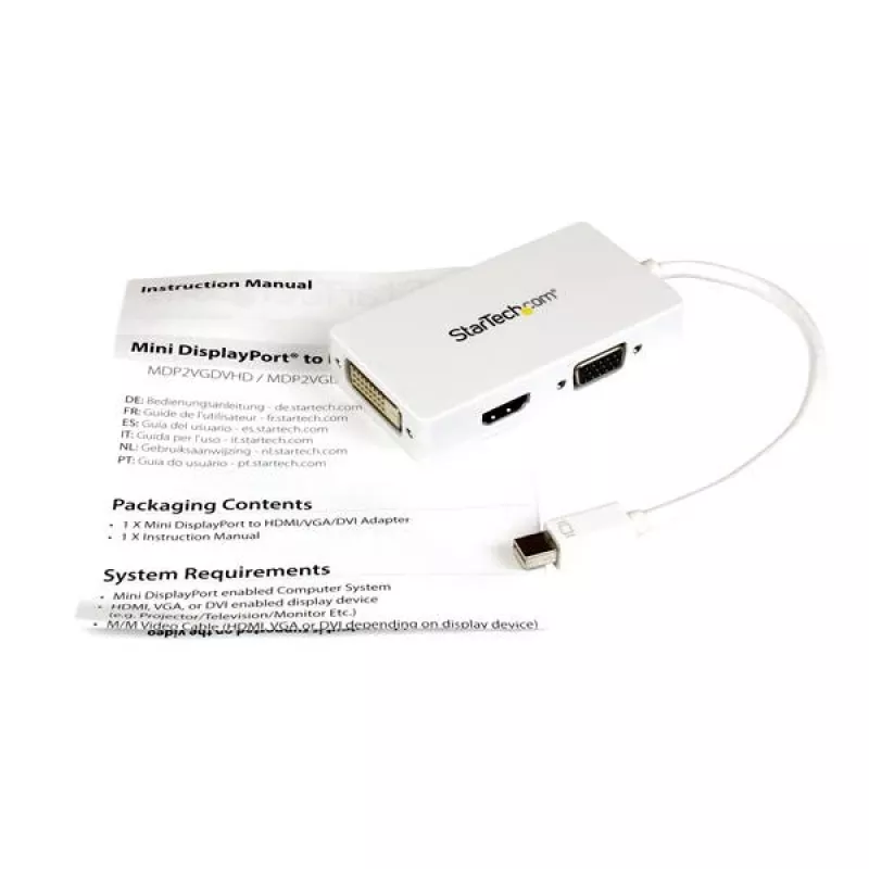 StarTech.com kelioninis A/V adapteris: 3-in-1 Mini DisplayPort į VGA, DVI arba HDMI keitiklis – baltas