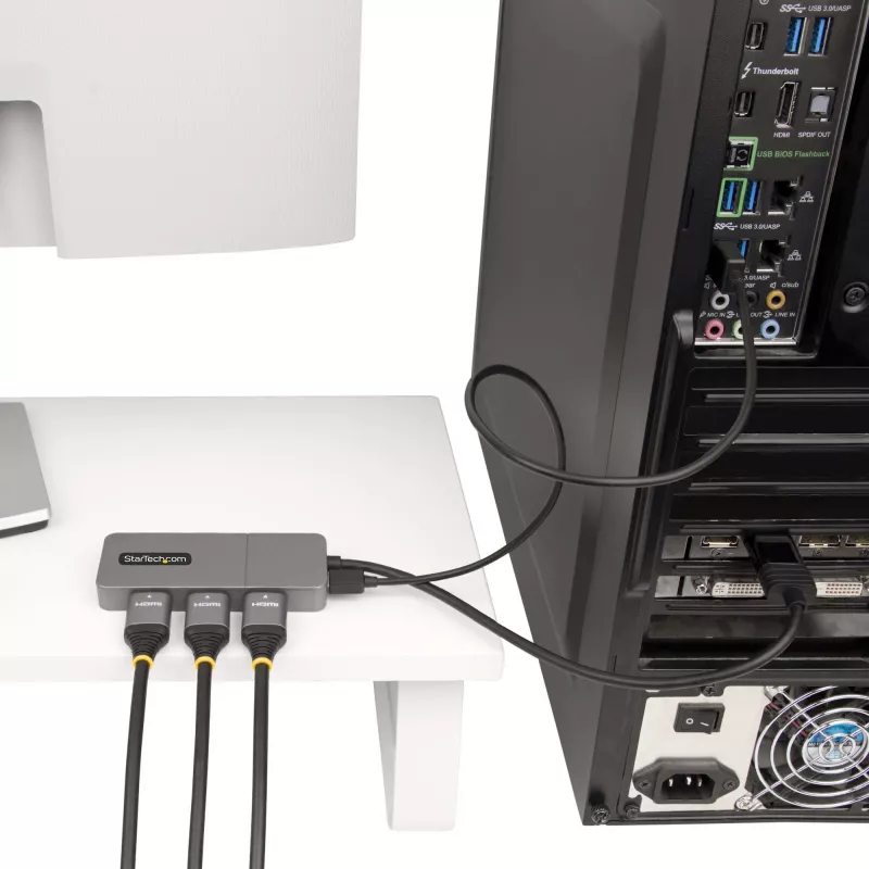 StarTech.com 3 prievadų MST šakotuvas – DisplayPort į 3x HDMI, trys 4K 60Hz monitoriai, DP 1.4 kelių monitorių vaizdo adapteris, 30 cm įmontuotas kabelis, maitinamas per USB, tik Windows