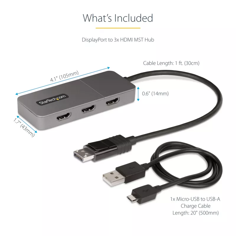 StarTech.com 3 prievadų MST šakotuvas – DisplayPort į 3x HDMI, trys 4K 60Hz monitoriai, DP 1.4 kelių monitorių vaizdo adapteris, 30 cm įmontuotas kabelis, maitinamas per USB, tik Windows