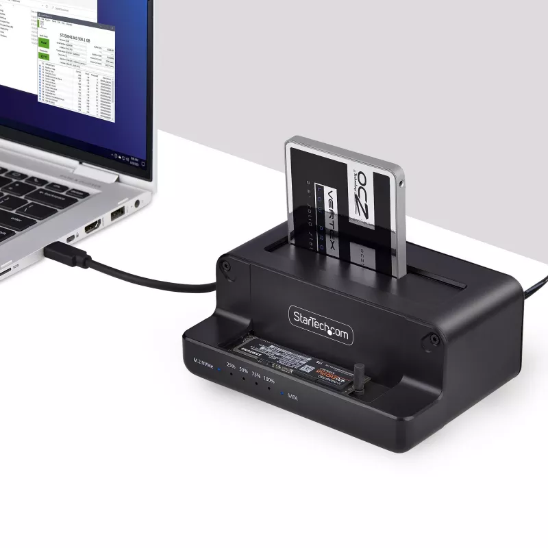 StarTech.com M.2 NVMe į 2,5/3,5 col. SATA diskų kopijavimo įrenginys, dviejų lizdų nepriklausomas SSD klonavimo / diskų dokas, dvikryptis NVMe į SATA / SATA į NVMe, iki 27 GB/min, TAA