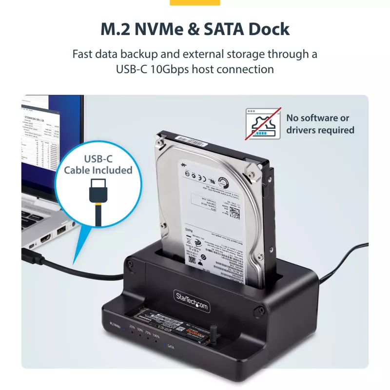 StarTech.com M.2 NVMe į 2,5/3,5 col. SATA diskų kopijavimo įrenginys, dviejų lizdų nepriklausomas SSD klonavimo / diskų dokas, dvikryptis NVMe į SATA / SATA į NVMe, iki 27 GB/min, TAA