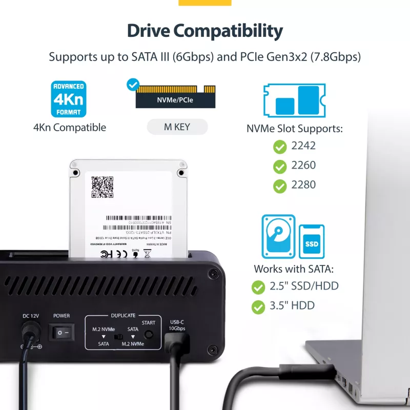 StarTech.com M.2 NVMe į 2,5/3,5 col. SATA diskų kopijavimo įrenginys, dviejų lizdų nepriklausomas SSD klonavimo / diskų dokas, dvikryptis NVMe į SATA / SATA į NVMe, iki 27 GB/min, TAA