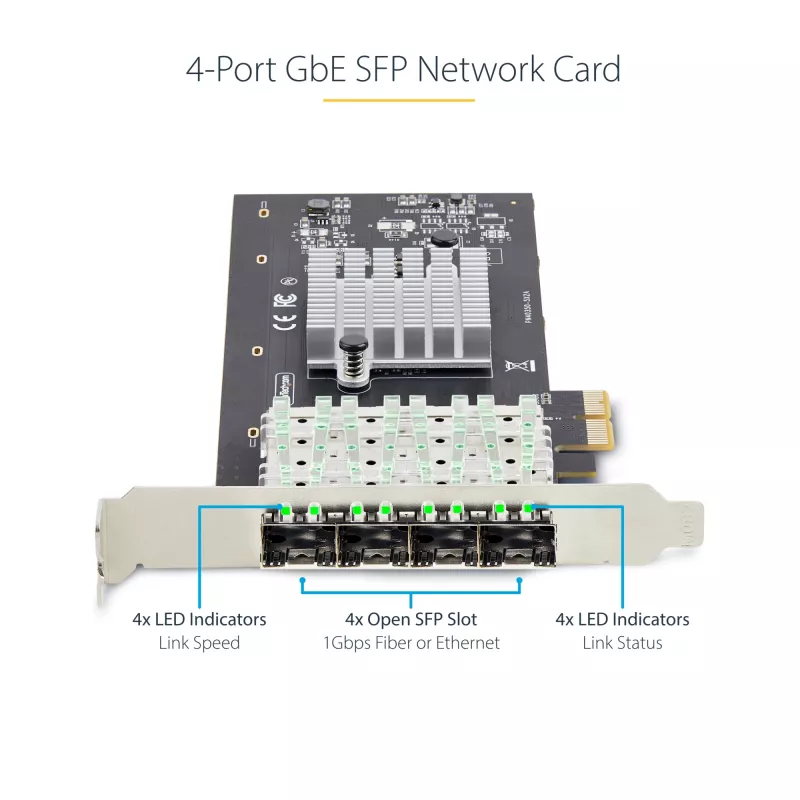 StarTech.com 4 prievadų GbE SFP tinklo plokštė, PCIe 2.0 x2 (x4, x8, x16 suderinama), Intel I350-AM4 4x 1GbE valdiklis, 1000BASE varis/šviesolaidis, darbalaukio/serverio keturių prievadų gigabito Ethernet NIC - Windows ir Linux