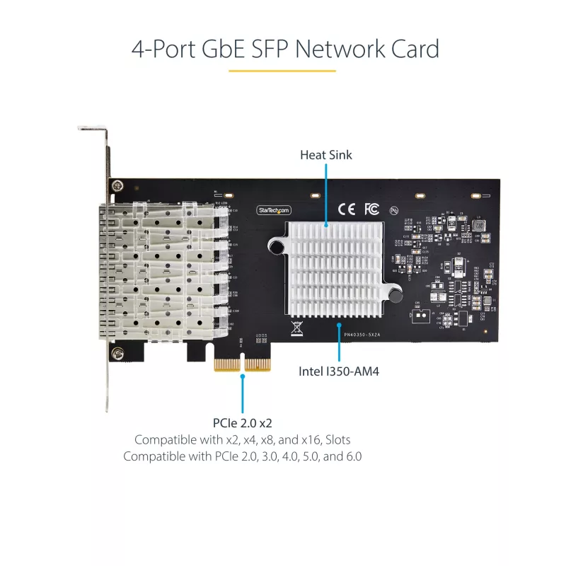 StarTech.com 4 prievadų GbE SFP tinklo plokštė, PCIe 2.0 x2 (x4, x8, x16 suderinama), Intel I350-AM4 4x 1GbE valdiklis, 1000BASE varis/šviesolaidis, darbalaukio/serverio keturių prievadų gigabito Ethernet NIC - Windows ir Linux