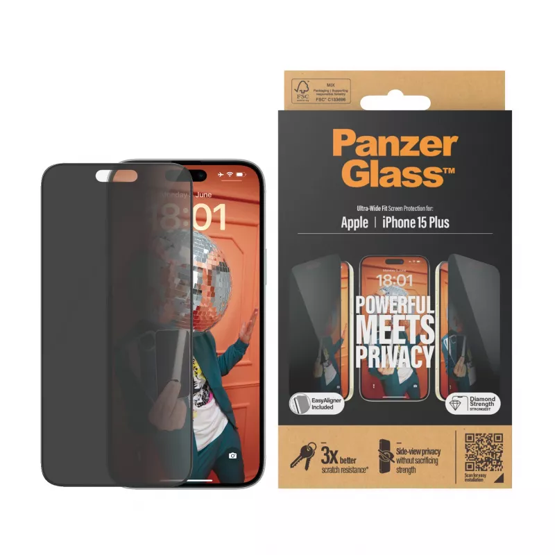 PanzerGlass® Privatumo ekrano apsauga iPhone 15 Plus | Ultra-Wide Fit su EasyAligner