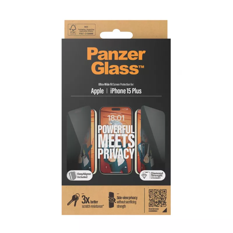 PanzerGlass® Privatumo ekrano apsauga iPhone 15 Plus | Ultra-Wide Fit su EasyAligner