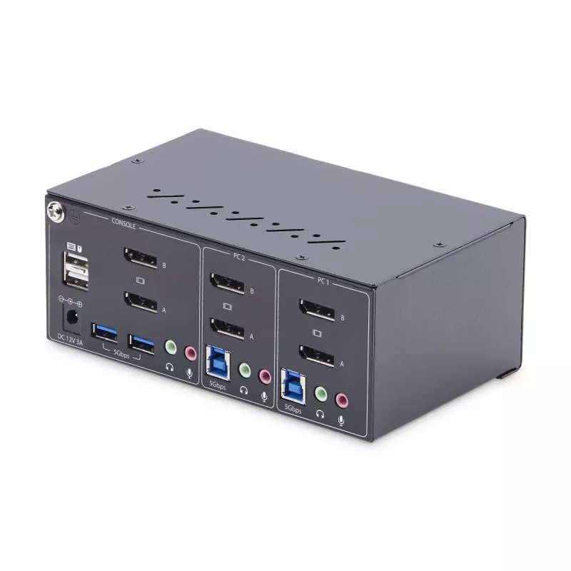 StarTech.com 2 prievadų dviejų monitorių DisplayPort KVM jungiklis, 4K 60Hz, 2x USB 5Gbps šakotuvas, 2x USB 2.0 HID prievadai, perjungimas klavišais ir mygtuku, TAA atitiktis, ESD 3 lygio apsauga