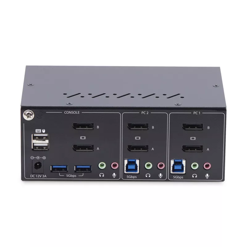 StarTech.com 2 prievadų dviejų monitorių DisplayPort KVM jungiklis, 4K 60Hz, 2x USB 5Gbps šakotuvas, 2x USB 2.0 HID prievadai, perjungimas klavišais ir mygtuku, TAA atitiktis, ESD 3 lygio apsauga
