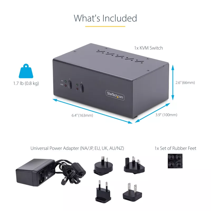 StarTech.com 2 prievadų dviejų monitorių DisplayPort KVM jungiklis, 4K 60Hz, 2x USB 5Gbps šakotuvas, 2x USB 2.0 HID prievadai, perjungimas klavišais ir mygtuku, TAA atitiktis, ESD 3 lygio apsauga