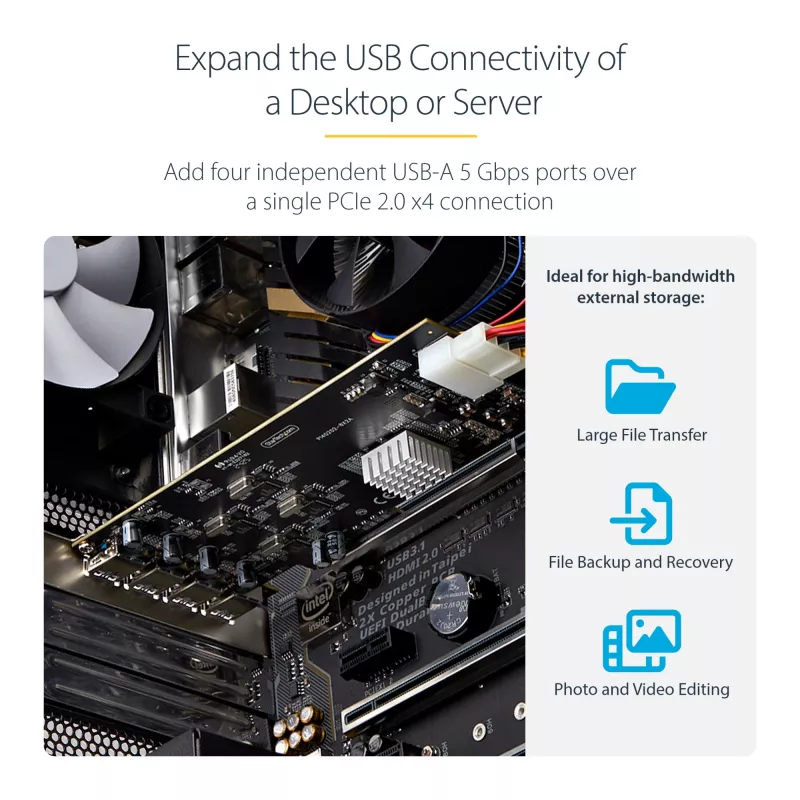 StarTech.com 4 prievadų USB PCIe kortelė, USB 3.2 5Gbps, PCI Express išplėtimo kortelė su 4 nepriklausomais USB valdikliais, 4x USB-A prievadai, Windows/macOS/Linux