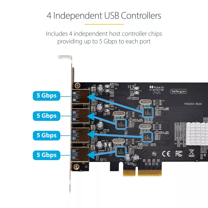 StarTech.com 4 prievadų USB PCIe kortelė, USB 3.2 5Gbps, PCI Express išplėtimo kortelė su 4 nepriklausomais USB valdikliais, 4x USB-A prievadai, Windows/macOS/Linux