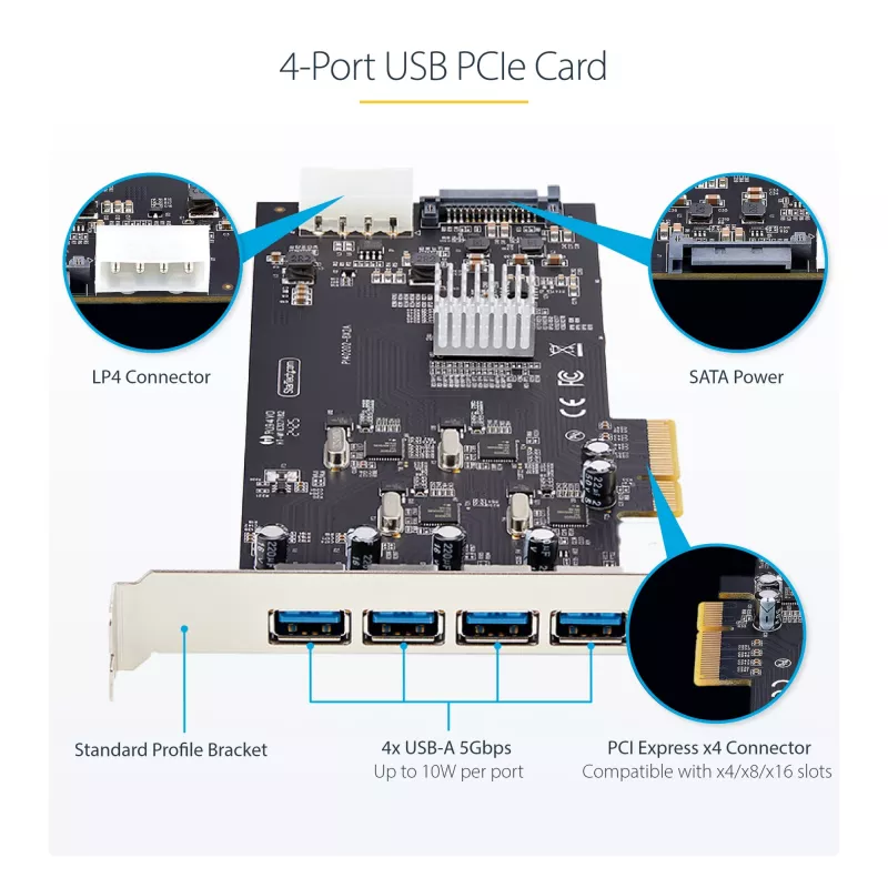 StarTech.com 4 prievadų USB PCIe kortelė, USB 3.2 5Gbps, PCI Express išplėtimo kortelė su 4 nepriklausomais USB valdikliais, 4x USB-A prievadai, Windows/macOS/Linux