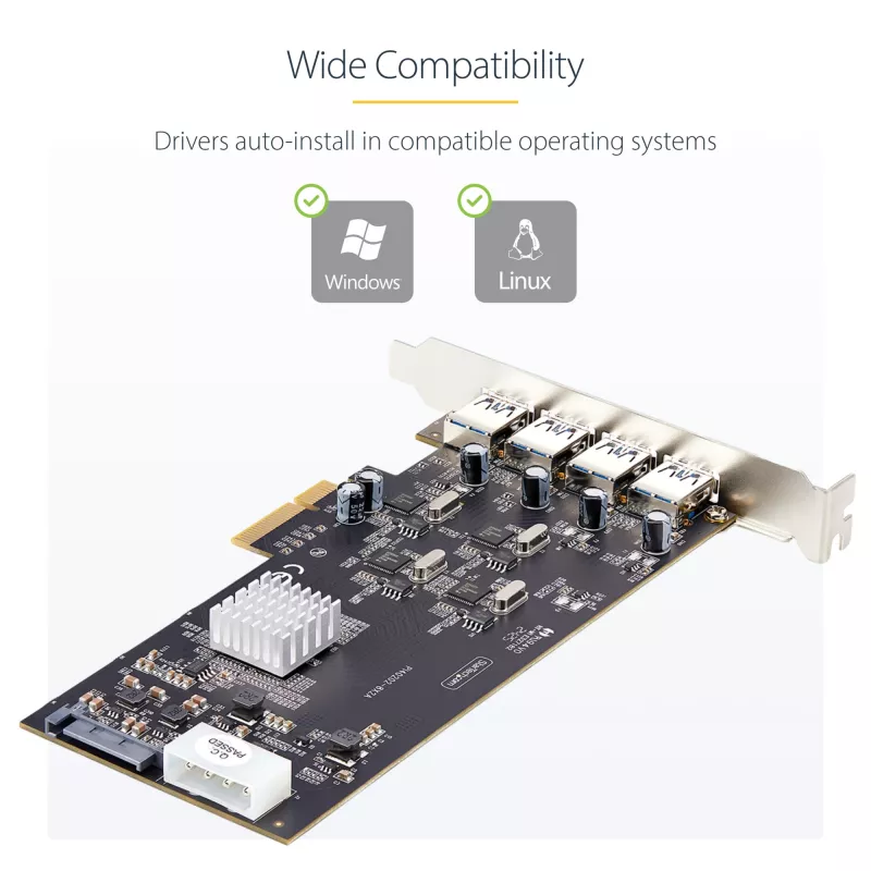 StarTech.com 4 prievadų USB PCIe kortelė, USB 3.2 5Gbps, PCI Express išplėtimo kortelė su 4 nepriklausomais USB valdikliais, 4x USB-A prievadai, Windows/macOS/Linux