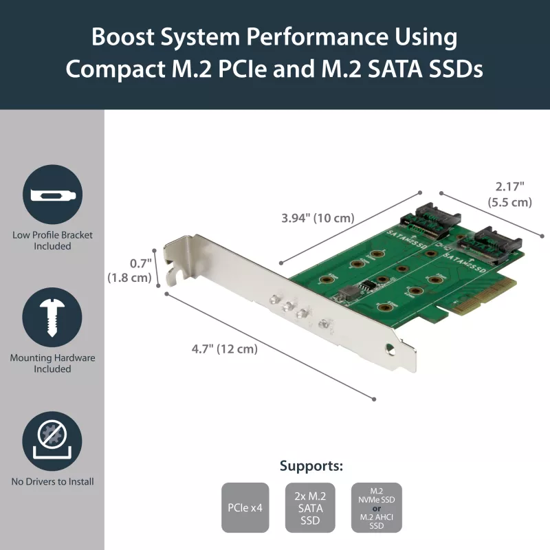 StarTech.com 3 prievadų M.2 SSD (NGFF) adapterio kortelė - 1 x PCIe (NVMe) M.2, 2 x SATA III M.2 - PCIe 3.0