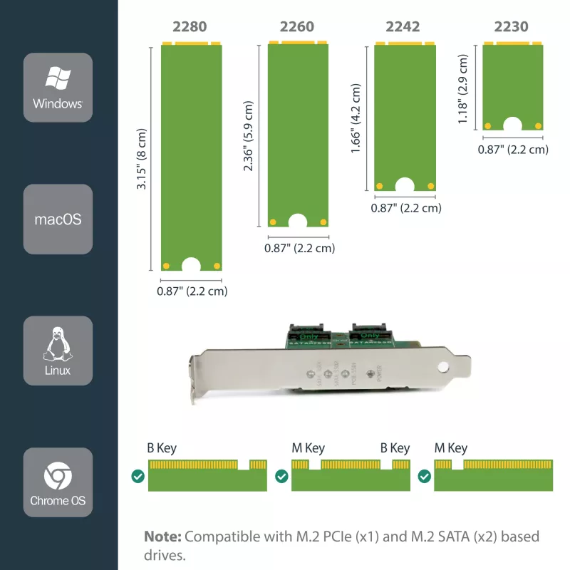 StarTech.com 3 prievadų M.2 SSD (NGFF) adapterio kortelė - 1 x PCIe (NVMe) M.2, 2 x SATA III M.2 - PCIe 3.0