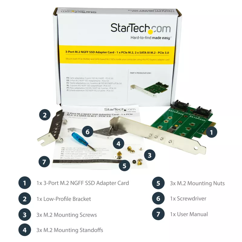 StarTech.com 3 prievadų M.2 SSD (NGFF) adapterio kortelė - 1 x PCIe (NVMe) M.2, 2 x SATA III M.2 - PCIe 3.0