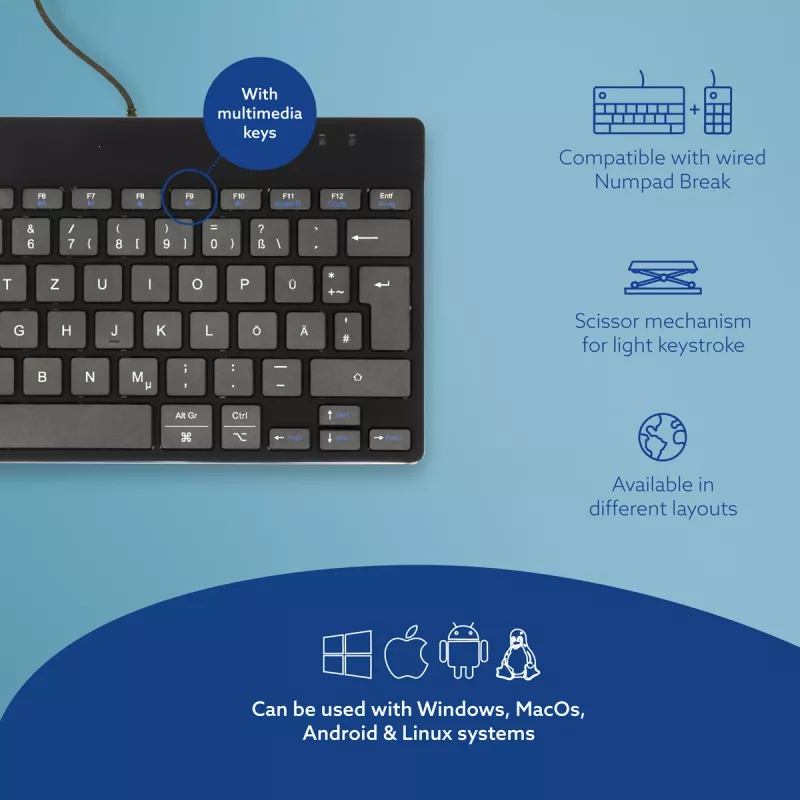 Ergonominė klaviatūra R-Go Tools Compact Break, kompaktiška su pertraukų programine įranga, QWERTZ (DE), laidinė, juoda