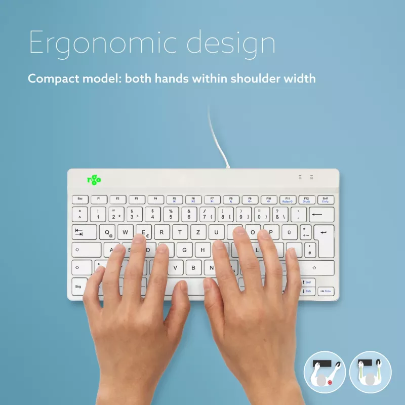 R-Go Tools ergonominė klaviatūra R-Go Compact Break, kompaktiška klaviatūra su pertraukų programine įranga, QWERTZ (DE), laidinė, balta