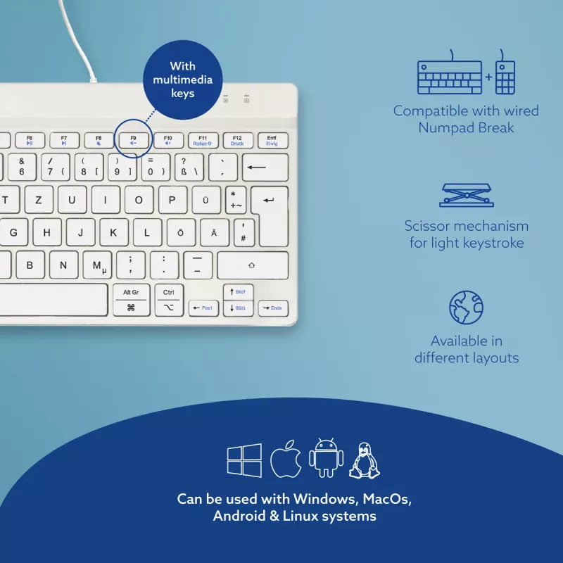 R-Go Tools ergonominė klaviatūra R-Go Compact Break, kompaktiška klaviatūra su pertraukų programine įranga, QWERTZ (DE), laidinė, balta