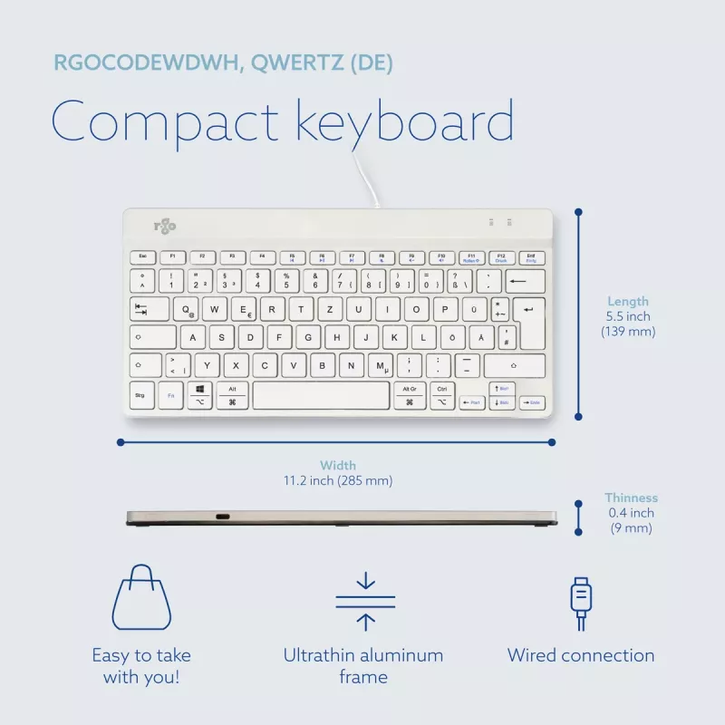 R-Go Tools ergonominė klaviatūra R-Go Compact Break, kompaktiška klaviatūra su pertraukų programine įranga, QWERTZ (DE), laidinė, balta