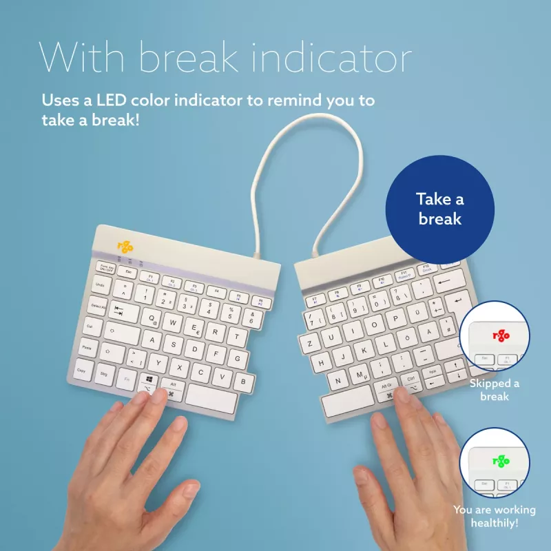 Ergonominė klaviatūra R-Go Tools Split Break su pertraukų programine įranga, išskirta klaviatūra, QWERTZ (DE), Bluetooth, balta