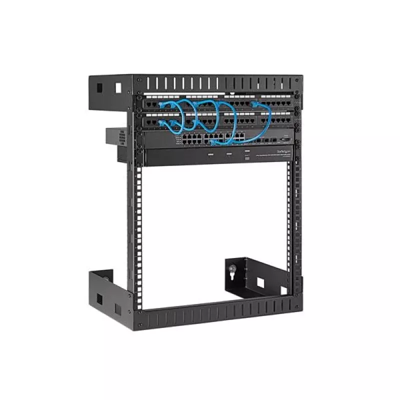 StarTech.com 12U 19 colių sieninis tinklo stovas - 12 colių gylio 2 stulpų atviras rėmas serverio patalpai duomenų/AV/IT/kompiuterių įrangai/pataisų skydeliui su narvelinėmis veržlėmis ir varžtais, talpa 200 svarų, juodas (RK12WALLO)