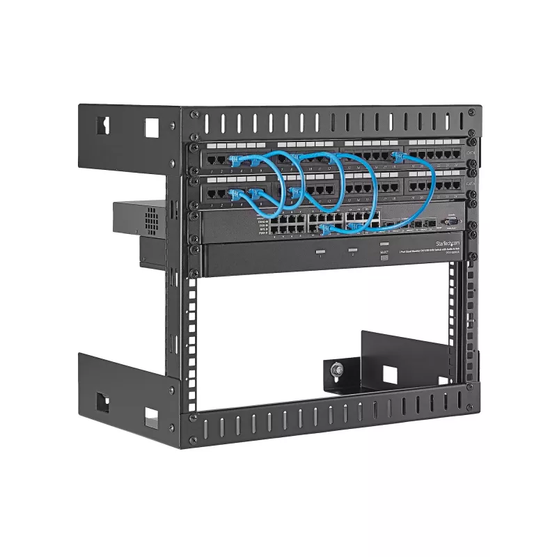 StarTech.com RK812WALLO 8U 19 colių sieninis tinklo stovas - 12 colių gylio 2 stulpų atviras rėmas serverio patalpai, duomenų/AV/IT/kompiuterinei įrangai, skydams su narvelinėmis veržlėmis ir varžtais, talpa 135 svarai, juodas
