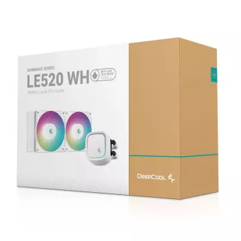 Skysčio aušintuvas DeepCool LE520 WH — 120 mm ventiliatorius, 220 W TDP, baltas, tinka LGA 1150/1151/1155/1200/1700 ir AM4/AM5