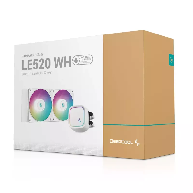 Skysčio aušintuvas DeepCool LE520 WH — 120 mm ventiliatorius, 220 W TDP, baltas, tinka LGA 1150/1151/1155/1200/1700 ir AM4/AM5