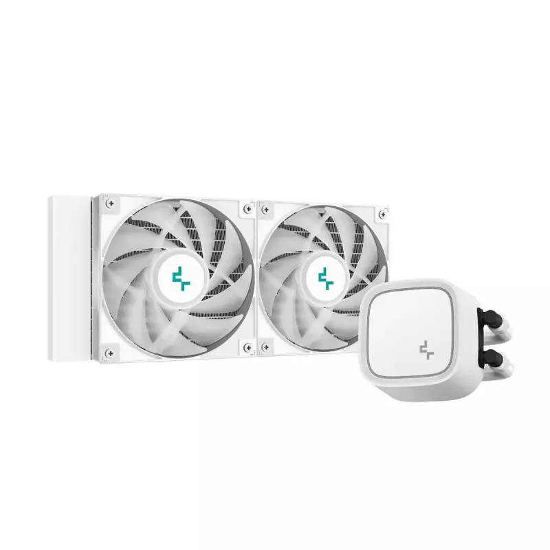 Skysčio aušintuvas DeepCool LE520 WH — 120 mm ventiliatorius, 220 W TDP, baltas, tinka LGA 1150/1151/1155/1200/1700 ir AM4/AM5