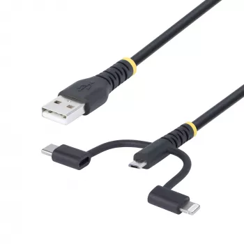 StarTech.com 3,3 pėdų (1 m) Patvarus USB Daugiafunkcis Įkrovimo Laidas, USB į Lightning/Micro-USB/Type-C, Apple MFi Sertifikuotas, Aramidinis Apvalkalas, Universalus 3-in-1 USB Įkroviklio Laidas iPhone/iPad/Android