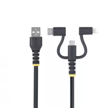 StarTech.com 3,3 pėdų (1 m) Patvarus USB Daugiafunkcis Įkrovimo Laidas, USB į Lightning/Micro-USB/Type-C, Apple MFi Sertifikuotas, Aramidinis Apvalkalas, Universalus 3-in-1 USB Įkroviklio Laidas iPhone/iPad/Android