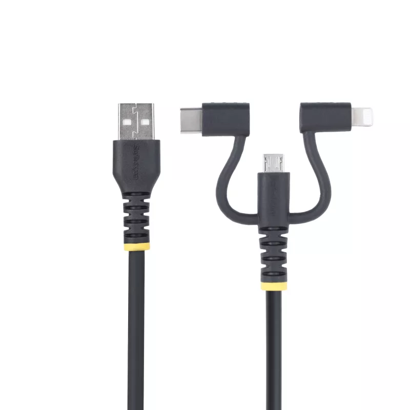 StarTech.com 3,3 pėdų (1 m) Patvarus USB Daugiafunkcis Įkrovimo Laidas, USB į Lightning/Micro-USB/Type-C, Apple MFi Sertifikuotas, Aramidinis Apvalkalas, Universalus 3-in-1 USB Įkroviklio Laidas iPhone/iPad/Android