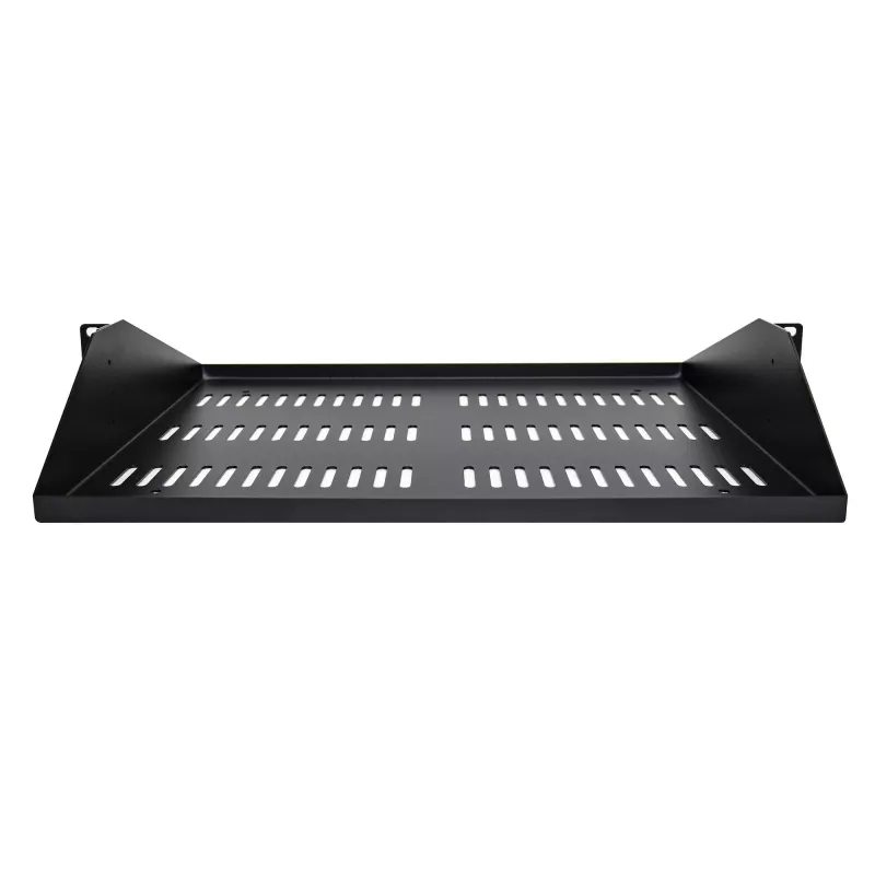 StarTech.com 2U serverinė lentyna, centre montuojama universali ventiliuojama konsolinė padėkla 19 colių tinklo įrangos stovui, tvirtas plienas, 91 kg talpa, 35,6 cm gylio, juoda