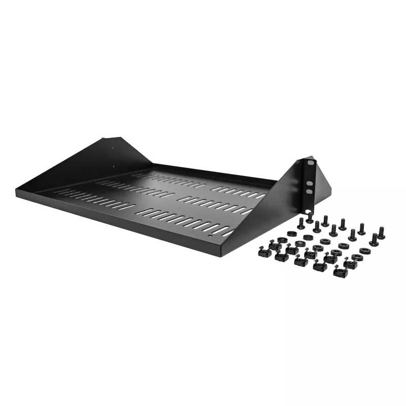 StarTech.com 2U serverinė lentyna, centre montuojama universali ventiliuojama konsolinė padėkla 19 colių tinklo įrangos stovui, tvirtas plienas, 91 kg talpa, 35,6 cm gylio, juoda