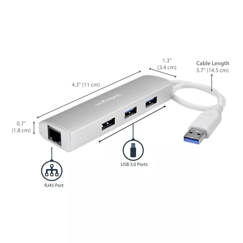 StarTech.com 3 prievadų nešiojamas USB 3.0 šakotuvas su Gigabit Ethernet - įmontuotas kabelis