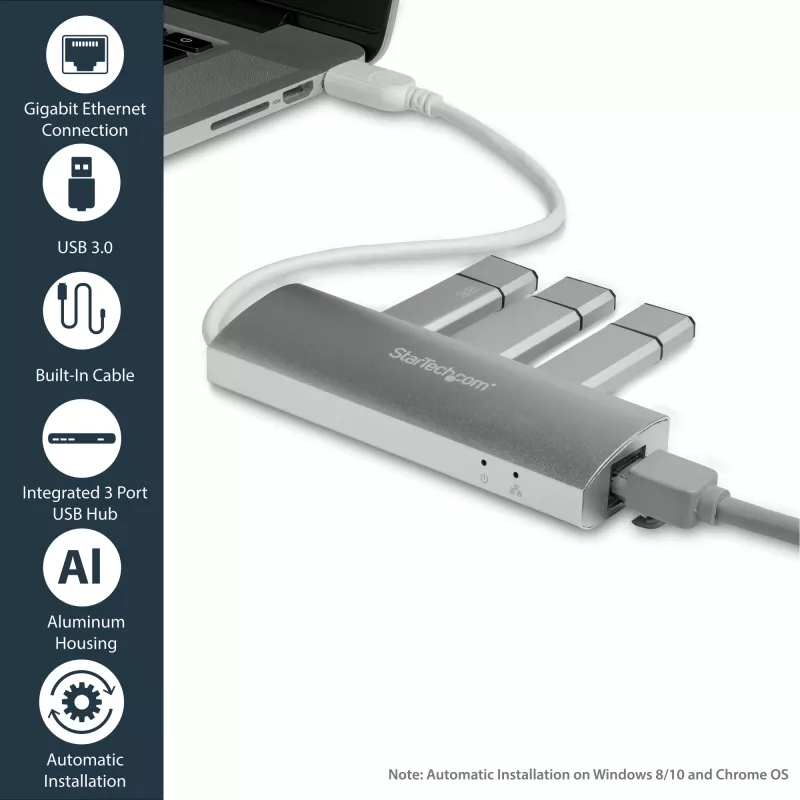 StarTech.com 3 prievadų nešiojamas USB 3.0 šakotuvas su Gigabit Ethernet - įmontuotas kabelis