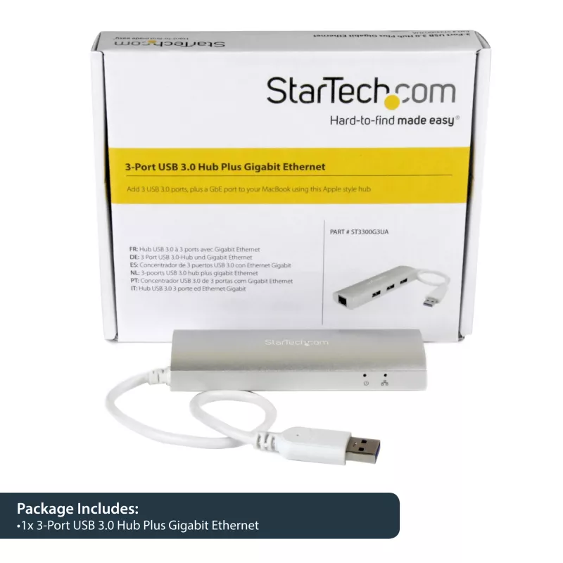 StarTech.com 3 prievadų nešiojamas USB 3.0 šakotuvas su Gigabit Ethernet - įmontuotas kabelis